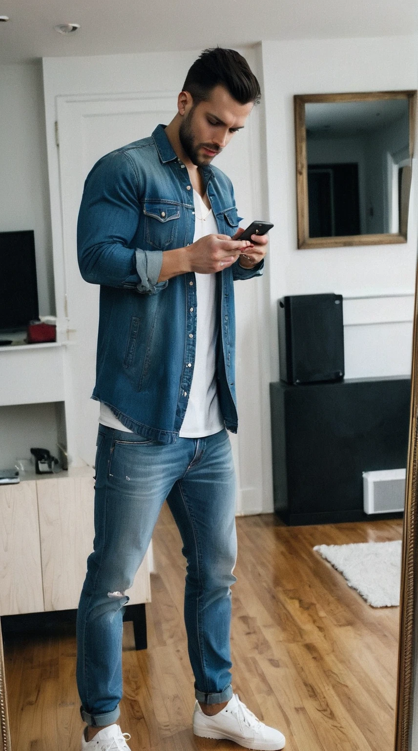 chiseled man standing in a room looking at his cell phone, wearing pants duplo, photo by full body, wearing a jeans jackets, wearing casual clothes, vestindo casual clothes, wearing jeans, standing in front of a mirror, outfit photo, dressed casually, casual clothes, wearing pants, double denim, jeans jacket, outfit photograph, selfie no espelho, wearing a shirt and jeans