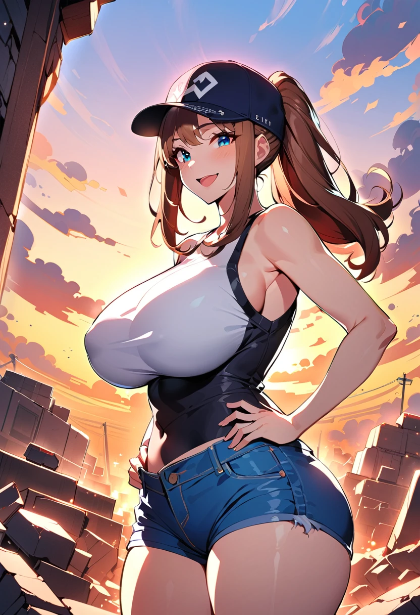 One girl, (alone:1.2), Curvy, (masterpiece:1.2), (Highest quality:1.2), (Perfect Anatomy:1.4), (Are standing:1.4), (have confidence:1.2), smile, (Large Breasts:1.4), (Cowboy Shot:1.2),, Definition 1, hilda \(Pokemon\), Denim shorts, Sleeveless shirt, White shirt, Black vest, Baseball cap, Brown Hair, ponytail, Side Lock, blue eyes, Medium chest, young woman,, (Post-match scene:1.3), rubble, outside, Dawn, We Know, Curvy, colorful, Anime Style, (Vibrant colors:1.2), Open your mouth