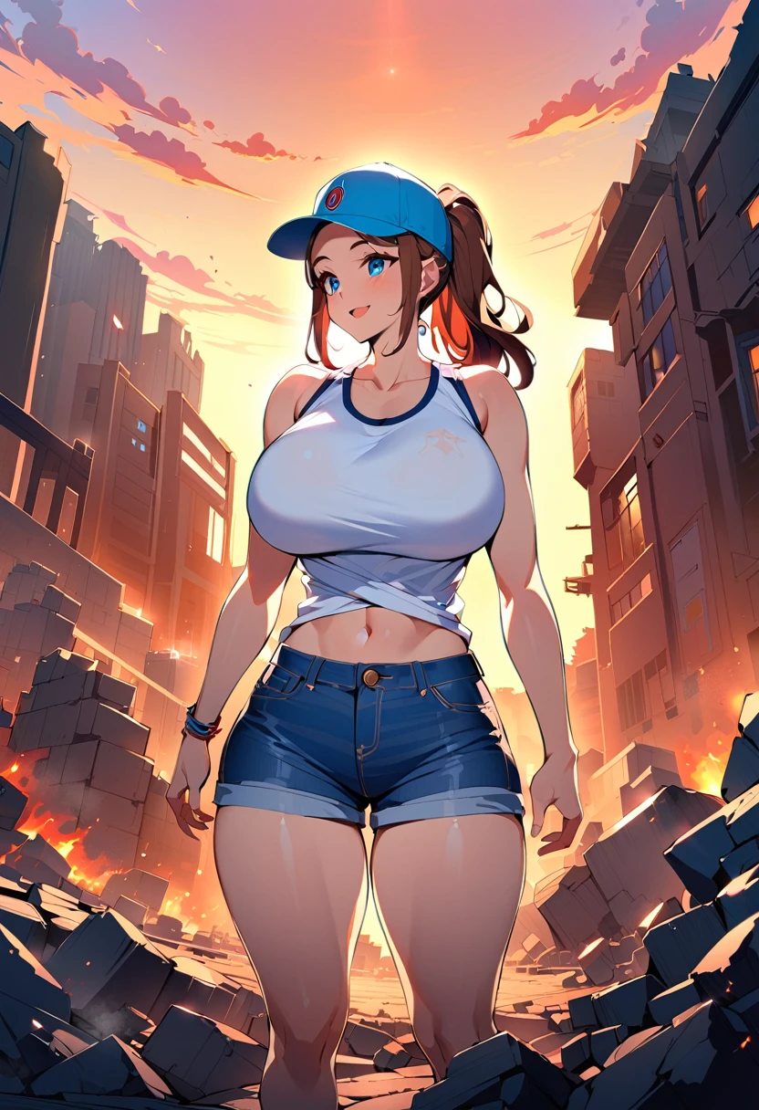 One girl, (alone:1.2), Curvy, (masterpiece:1.2), (Highest quality:1.2), (Perfect Anatomy:1.4), (Are standing:1.4), (have confidence:1.2), smile, (Large Breasts:1.4), (Cowboy Shot:1.2),, Definition 1, hilda \(Pokemon\), Denim shorts, Sleeveless shirt, White shirt, Black vest, Baseball cap, Brown Hair, ponytail, Side Lock, blue eyes, Medium chest, young woman,, (Post-match scene:1.3), rubble, outside, Dawn, We Know, Curvy, colorful, Anime Style, (Vibrant colors:1.2), Open your mouth