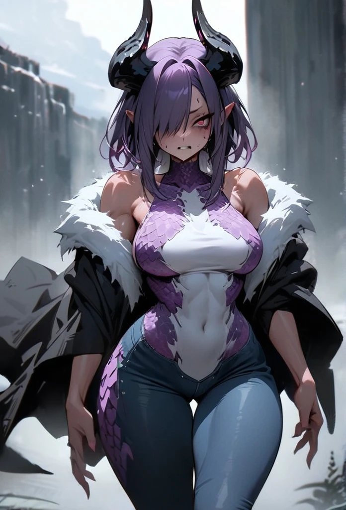 (High resolution, best quality, masterpiece), detailed, ultra detail, 1female, physically fit, curvy, slender body, fierce expression, dark eyes, (detailed eyes), Purple hair, short length hair, full body, ((dragon horns)), ((face: dragon scales)), face covered in scales, ((topwear: fur lined coat, bottomwear: tight jeans)), snowy background, part draconic, somber expression, inhuman, reptilian skin