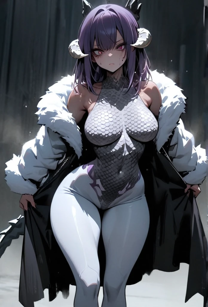(High resolution, best quality, masterpiece), detailed, ultra detail, 1female, physically fit, curvy, slender body, expression, dark eyes, (detailed eyes), Purple hair, short length hair, full body, ((dragon horns)), ((face: dragon scales)), face covered in scales, ((topwear: fur lined coat, bottomwear: tight jeans)), snowy background, part draconic, somber expression, inhuman, reptilian skin