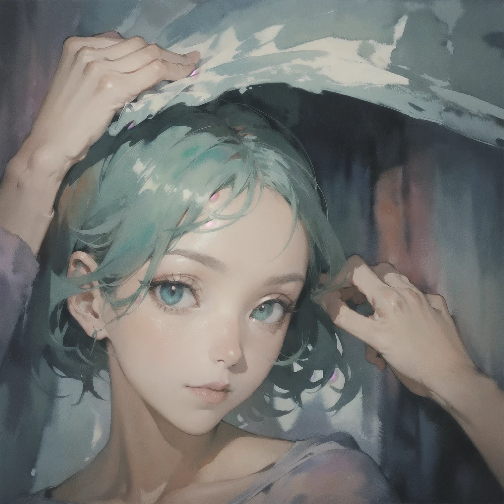 Deep subliminal, Surrealism, in watercolor style, Photorealism, discreet peach and mint shades, look from the depths