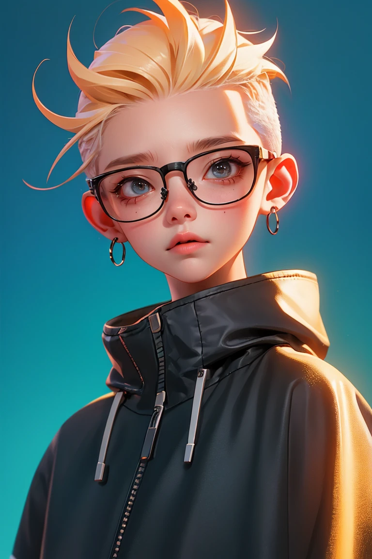 Blind Box,Simple Background,Extraordinary wide portrait of microscopic unknown little small 愛らしい cyberpunk alien species over orange tech style of high tech fashion professional photography, 8K, White blonde shaved head,Boy with glasses