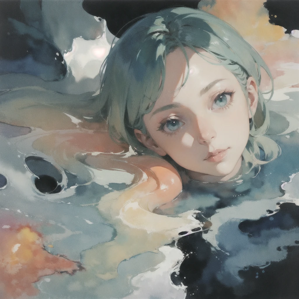 Deep subliminal, Surrealism, in watercolor style, Photorealism, discreet peach and mint shades, look from the depths