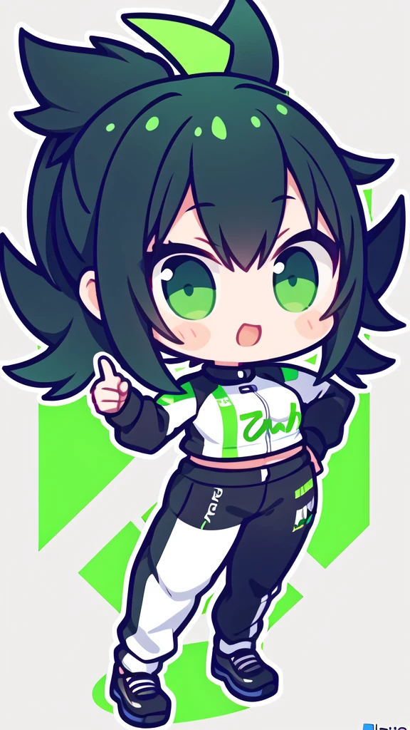 Logo of a girl with short black and green hair from a car customization company called Infortunio, wearing racing clothes and giving a thumbs up, alone and solitary.