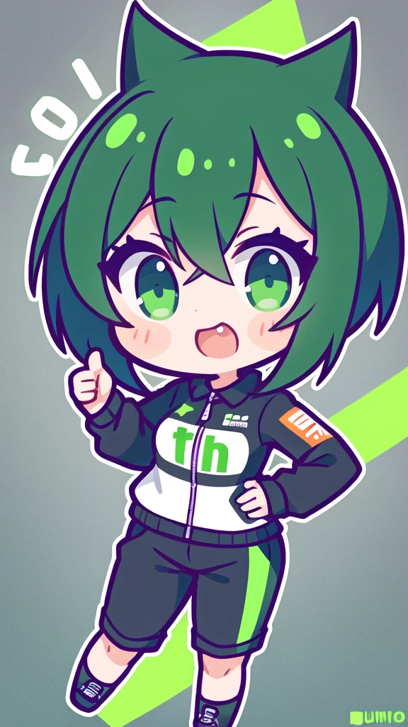 Logo of a girl with short black and green hair from a car customization company called Infortunio, wearing racing clothes and giving a thumbs up, alone and solitary.