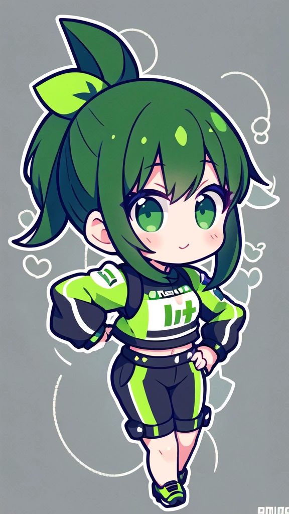 Logo of a girl with short black and green hair from a car customization company called Infortunio, wearing racing clothes and giving a thumbs up, alone and solitary.