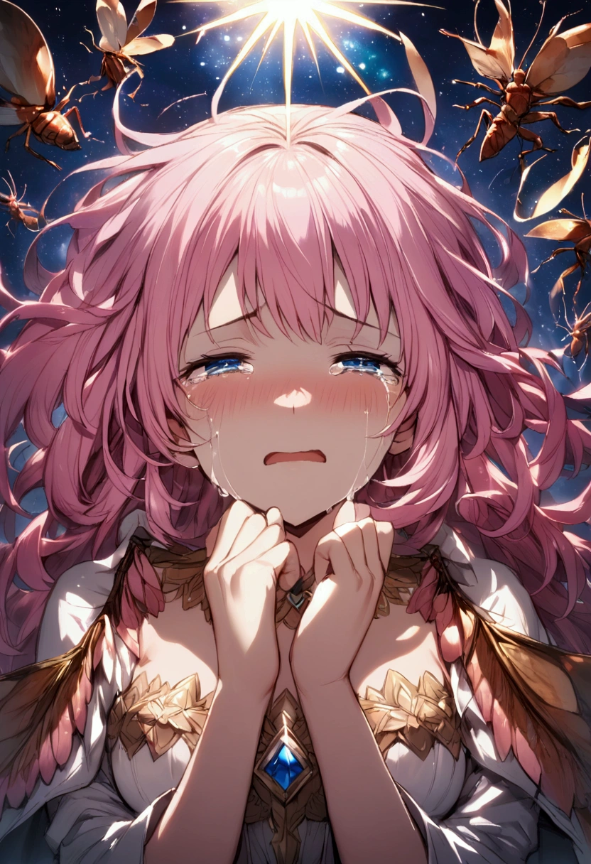 pale pink hair,angry,narrowed eyes,tears,clench teeth.long hair, 

