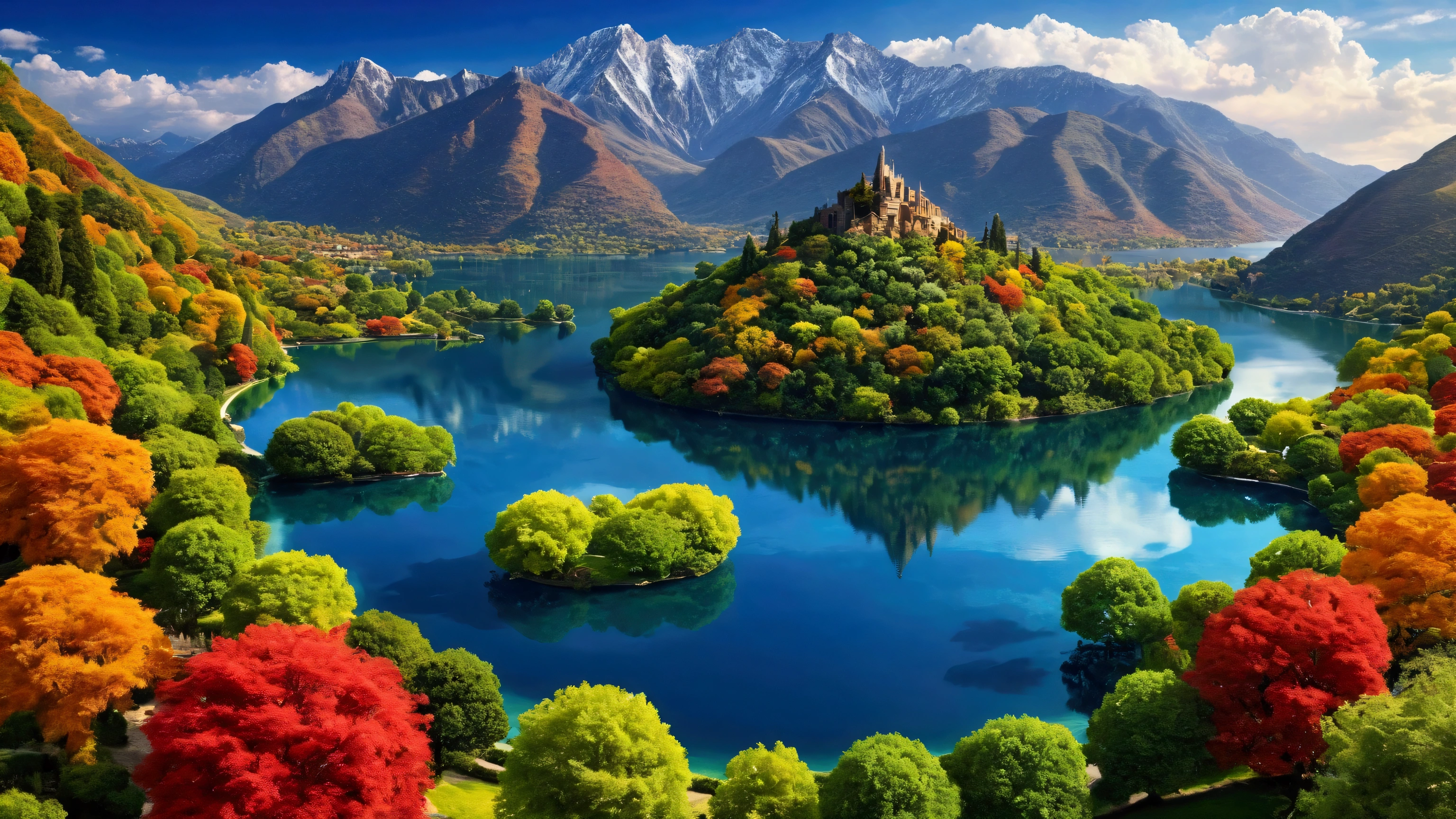 trees that reach the heavens, vibrant colors, The Garden of Eden, beautiful perfection, in perceivable beauty, the first place on earth, lake, mountains, birds eye view