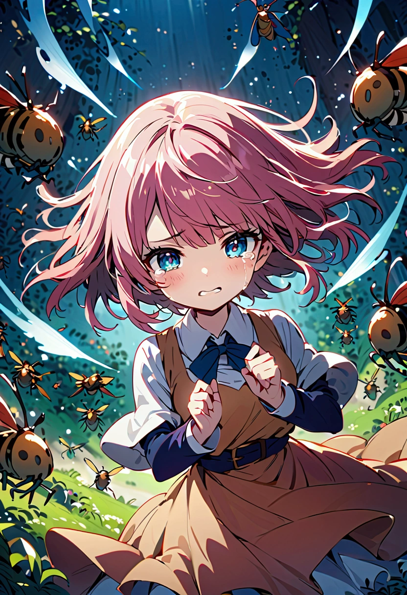 Hordes of insects、Girl with pink hair、Crying face、blue eyes