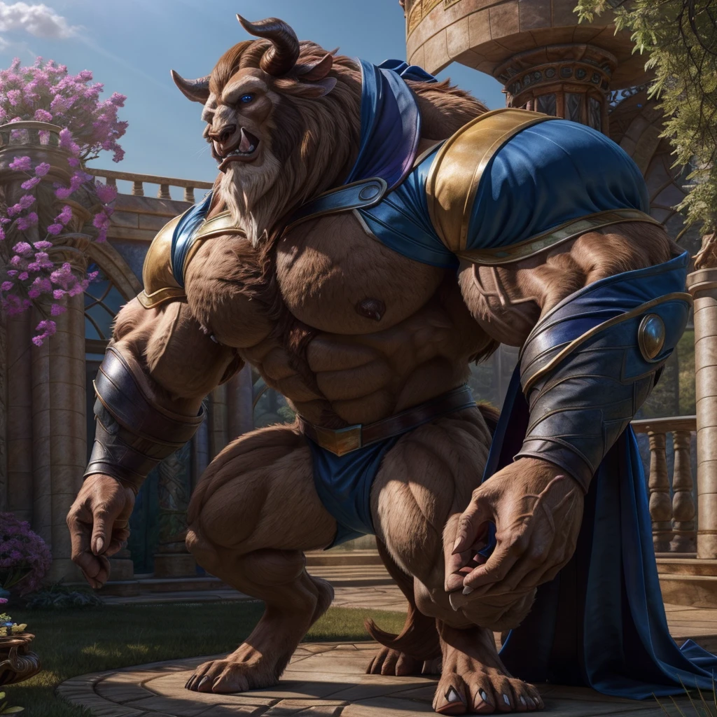 A realistic image of the Beast from the movie Beauty and the Beast, super muscular giant, with muscular arms, blue eyes, a tail, super furry with brown fur, horns facing backwards, wearing a yellow and blue X-Men uniform, with veins bulging, barefoot, in the garden of his castle, seen from the front showing his strength, lifting two extremely large and heavy alters