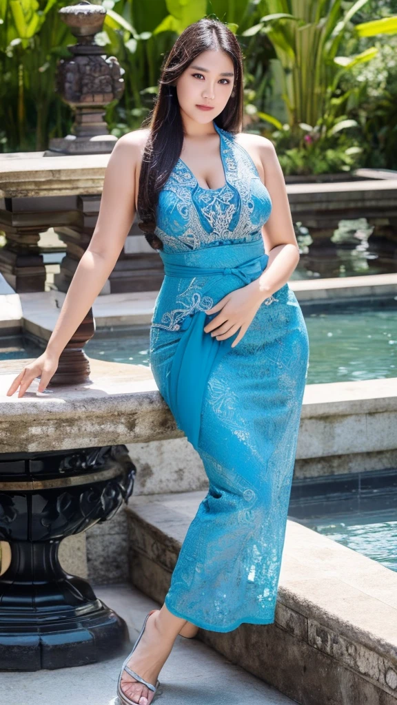 masterpiece, korean woman ,ultra realistic,32k,intricate details, sharp focus, realistic, closed, seductive pose, black eyes, jewelr, lips, realistic, looking_at_viewer, wet skin, shiny skin, SHORT SLEVES, indonesian clothes, bali, balinese, cityscape, transparent standing pose,((blue kebaya)),full body,busty body,curvy body,long hair,beauty face,cowboy shot,