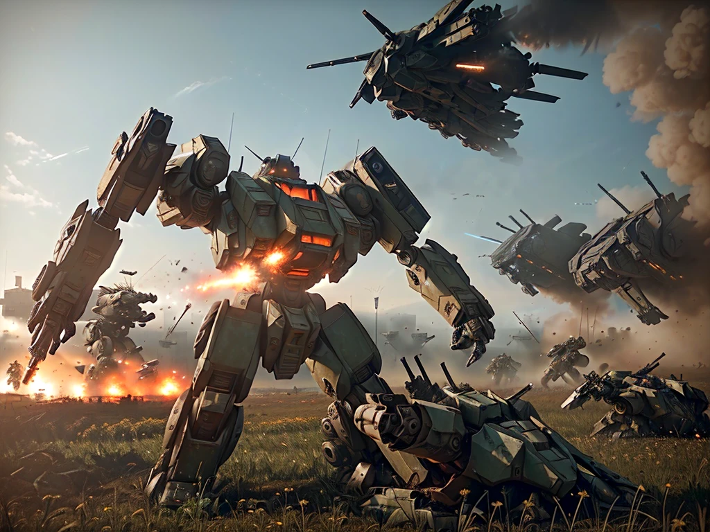a close up of a group of robots in a field with smoke, mech machines firing bullets, soldiers and mech fight, war mechs fighting, an armored core on the ground, futuristic battlefield, battle mech, concept art octane render, battlemech, octane cgsociety, armored core, discarded mech in background, battletech style, concept design art octane render, battletech