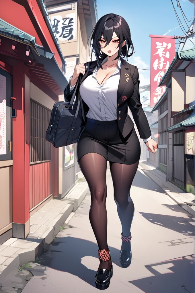 Demonia woman, big breasts, tomboy style, long black hair,Dressed in a Japanese , holding a Japanese school bag, walking to a high school