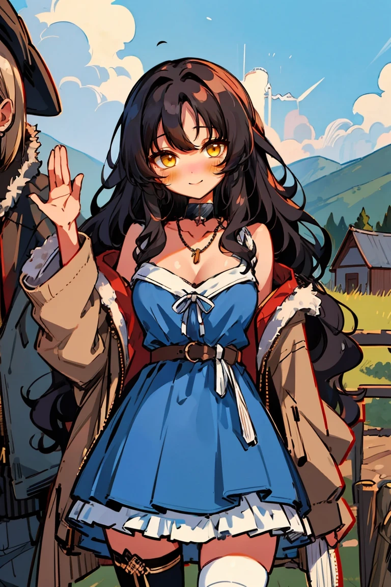 (masterpiece:1.2), (high quality:1.2), hui xiyi, rekkyo sensen, rekkyou sensen, (long wavy hair, one side up:1.7), solo focus, hand up, waving, girls with((black hair, bare shoulders, breasts,choker, cleavage,coat,collar,collarbone,cowboy shot, dress, blue clothes, frills, fur, fur collar, fur trim, hood down, hooded jacket, hoodie, jacket, large breasts, long hair, long sleeves, belt, medium breasts, medium hair, necklace, open clothes, open hoodie, sleeveless, solo, winter clothes, zipper, white thighhigh, thighhigh)), background with ((architecture, blue sky, bush, castle, village, no humans, cloud, cloudy sky, day, fence, field, garden, grass, hill, house, lamppost, landscape, mountain, mountainous horizon, nature, no humans, outdoors, scenery, shrine, sky, tower))