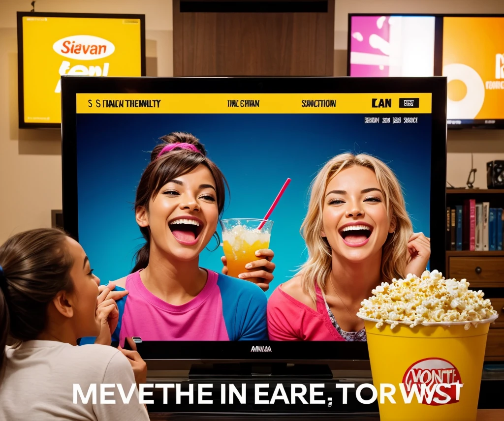 Design a vibrant thumbnail image featuring an enthusiastic audience watching a movie in a cozy living room. Capture their expressions of joy, laughter, and surprise as they engage with the content. Include elements like popcorn, drinks, and multiple screens showing different genres. Use bright colors to evoke excitement, and overlay the text “The New Era of Streaming Entertainment” in an eye-catching, bold font that conveys energy and movement.