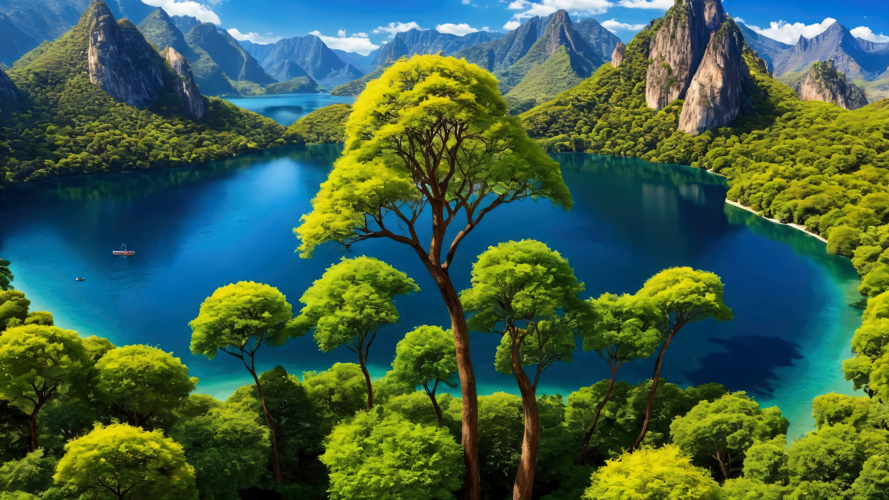 trees that reach the heavens, vibrant colors, The Garden of Eden, beautiful perfection, in perceivable beauty, the first place on earth, lake, mountains, birds eye view