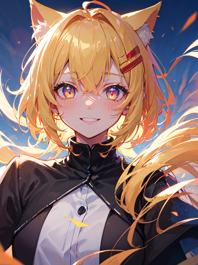 hair over shoulder, wavy hair, hair strand, shiny hair, blonde hair, eye reflection, glowing eyes, slit pupils, amber eyes, cat ears, smile, blush, glint, happy, anime, anime style, En plein air, high detail, cinematic lighting, ray tracing, reflection light, masterpiece, accurate, anatomically correct, super detail, high details, high quality, best quality, highres, 4K