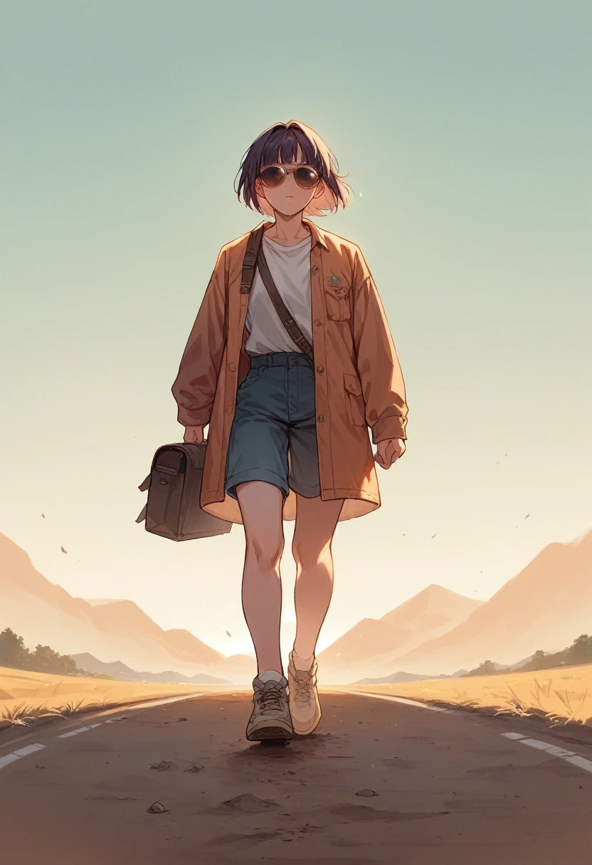 "A woman with short, straight hair walking along a dirt road during twilight. The sky is tinged with soft shades of pink and orange as the sun sets. The woman is from the front, captured in a quiet, contemplative atmosphere."