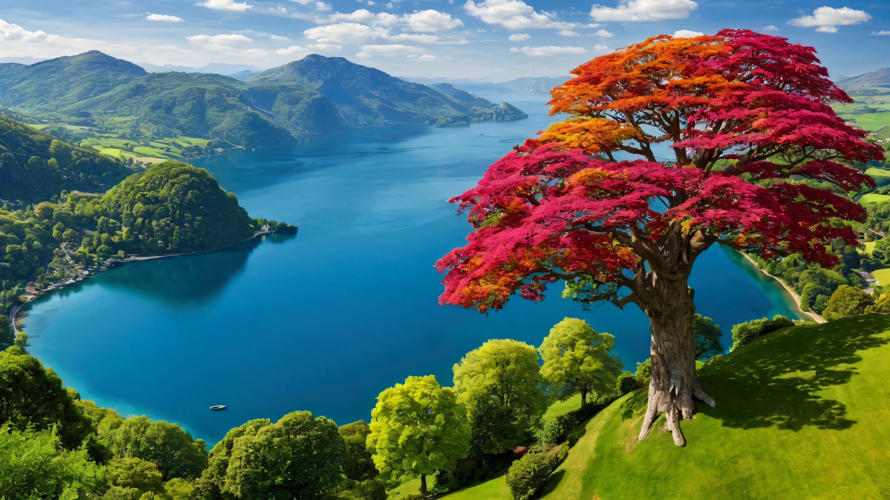 trees that reach the heavens, vibrant colors, The Garden of Eden, beautiful perfection, in perceivable beauty, the first place on earth, lake, mountains, birds eye view, tree of knoledge