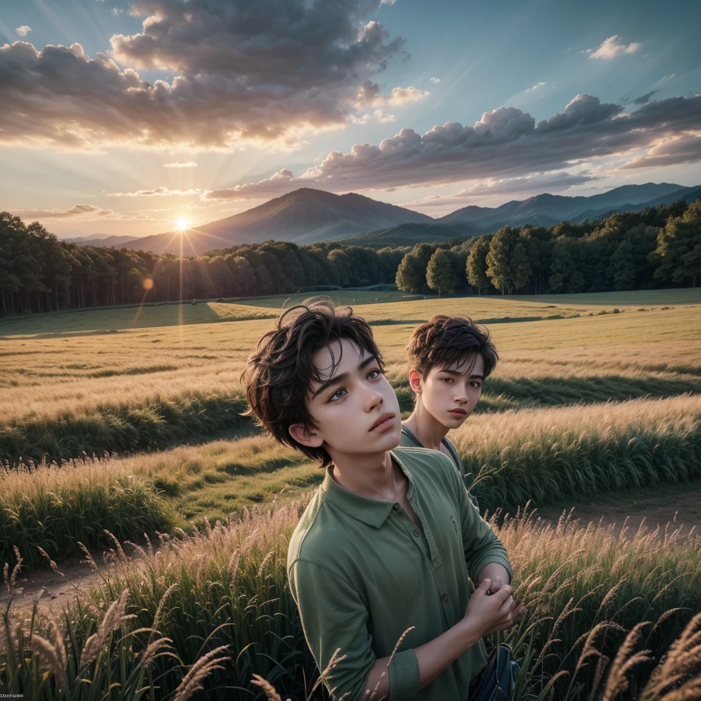 1 creative digital art semi realistic boy in field,hyperrealistic,trending on artstation,highly detailed,8k,4k,cinematic lighting,vivid colors,dramatic composition,intricate details,beautiful dramatic sky,detailed facial features,detailed clothing,lush green grass,golden hour lighting,volumetric lighting,depth of field,photorealistic,photorealistic render,beautiful natural scenery,serene peaceful atmosphere,vibrant colors,masterpiece,award winning