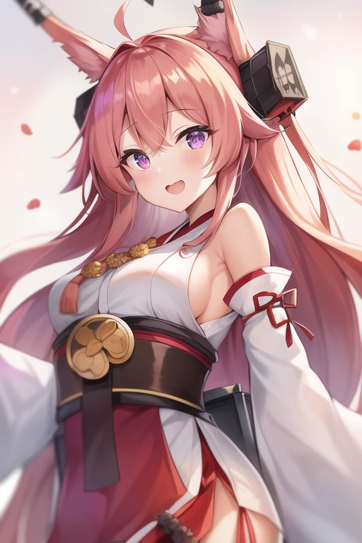 One girl, alone, Long Hair, King Kongu (Kantai Collection),Sakura Miko, Pink Hair, Double Bang, Purple eyes, Hair Bun, Ahoge, Open your mouth, Non-traditional Shrine Maiden, Removable sleeves, Brown eyes, White Background, (headgear):2, (Hair Bunド):2, smile, Sleeves edged with ribbon, Simple Background, kimono, Ribbon trim, View your viewers,  username, Upper Body, Wide sleeves, :d, King Kong