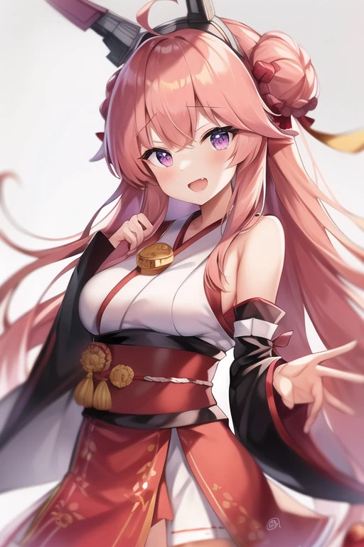 One girl, alone, Long Hair, King Kongu (Kantai Collection),Sakura Miko, Pink Hair, Double Bang, Purple eyes, Hair Bun, Ahoge, Open your mouth, Non-traditional Shrine Maiden, Removable sleeves, Brown eyes, White Background, (headgear):2, (Hair Bunド):2, smile, Sleeves edged with ribbon, Simple Background, kimono, Ribbon trim, View your viewers,  username, Upper Body, Wide sleeves, :d, King Kong