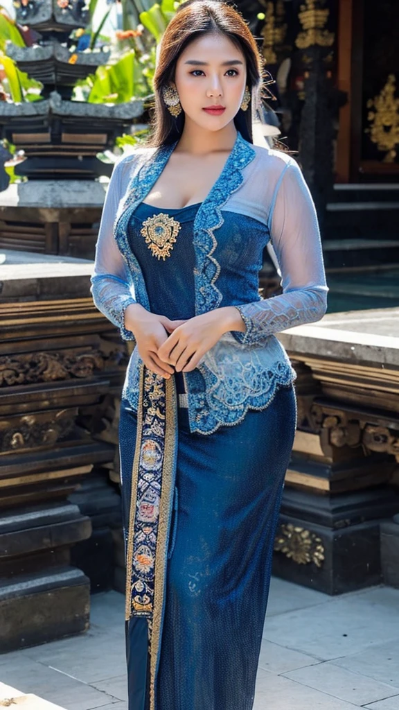 masterpiece, korean woman ,ultra realistic,32k,intricate details, sharp focus, realistic, closed, seductive pose, black eyes, jewelr, lips, realistic, looking_at_viewer, wet skin, shiny skin, SHORT SLEVES, indonesian clothes, bali, balinese, cityscape, transparent standing pose,((blue kebaya)),full body,busty body,curvy body,long hair,beauty face,cowboy shot,