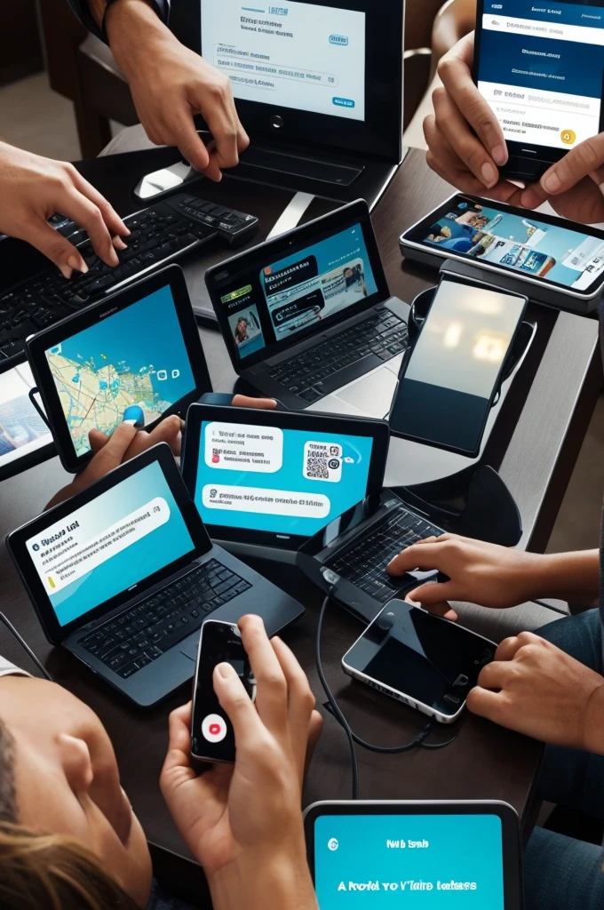an image of a global chat and people talking virtually by call and messages,with several cell phones and communication between society