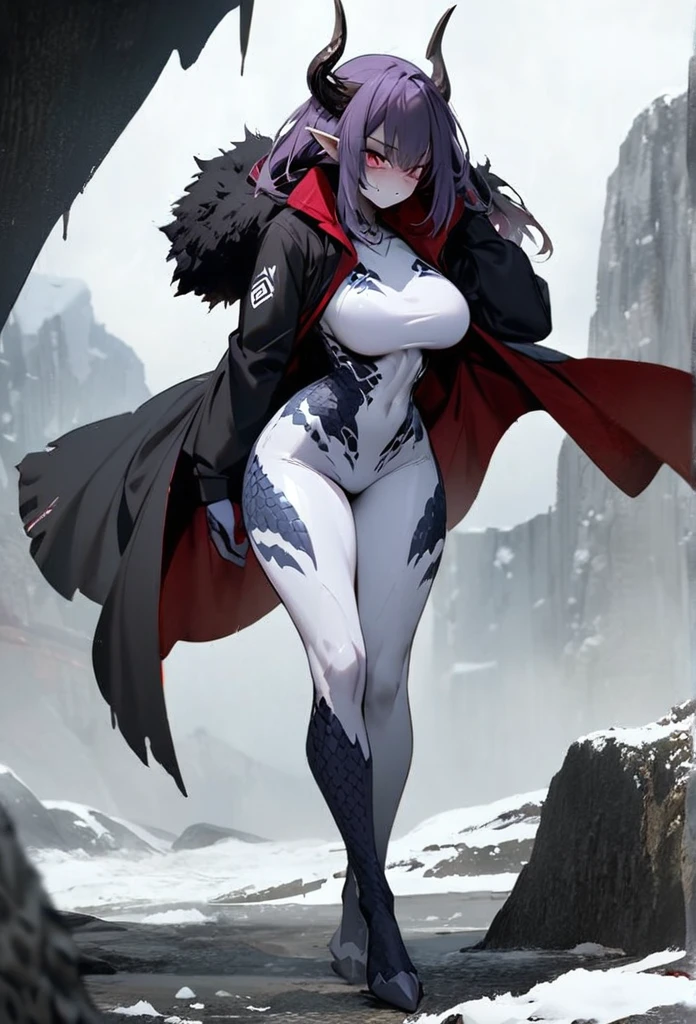 (High resolution, best quality, masterpiece), detailed, ultra detail, 1female, physically fit, curvy, slender body, fierce expression, dark eyes, (detailed eyes), Purple hair, short length hair, full body, ((dragon horns)), ((face: dragon scales)), face covered in scales, ((topwear: fur lined coat, bottomwear: tight jeans)), snowy background, part draconic, somber expression, inhuman, reptilian skin