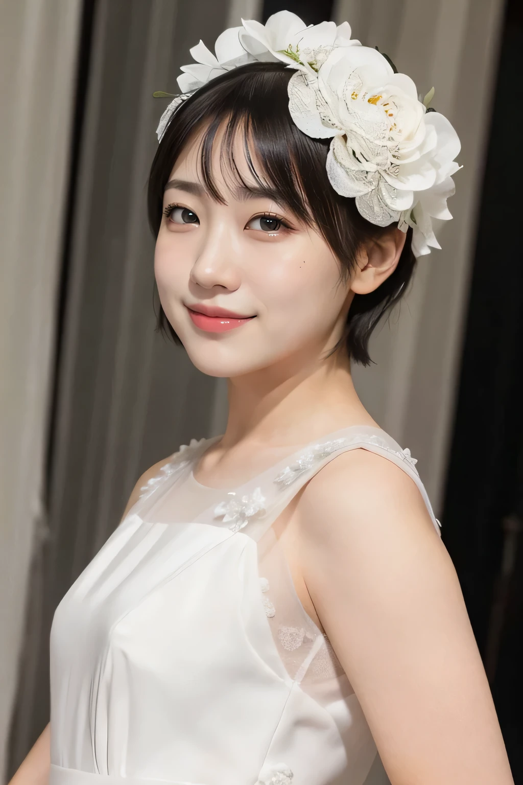 (black wedding bun short hair:1.2), (white wedding dress, intricate dress, ball gown, bridal veil, bride, curtains, depth of field, dress, flower, hair flower, hair ornament, see-through, white flower, white rose:1.1), (face full of joy:1.3), one girl, 14 years old, 8k, RAW photo, best quality, masterpiece, realistic, photo-realistic, clear, professional lighting, BREAK, no makeup face, smile, BREAK, (small breasts:1.2), (looking back:1.2), (black eyes, black hair:1.2), full body shot