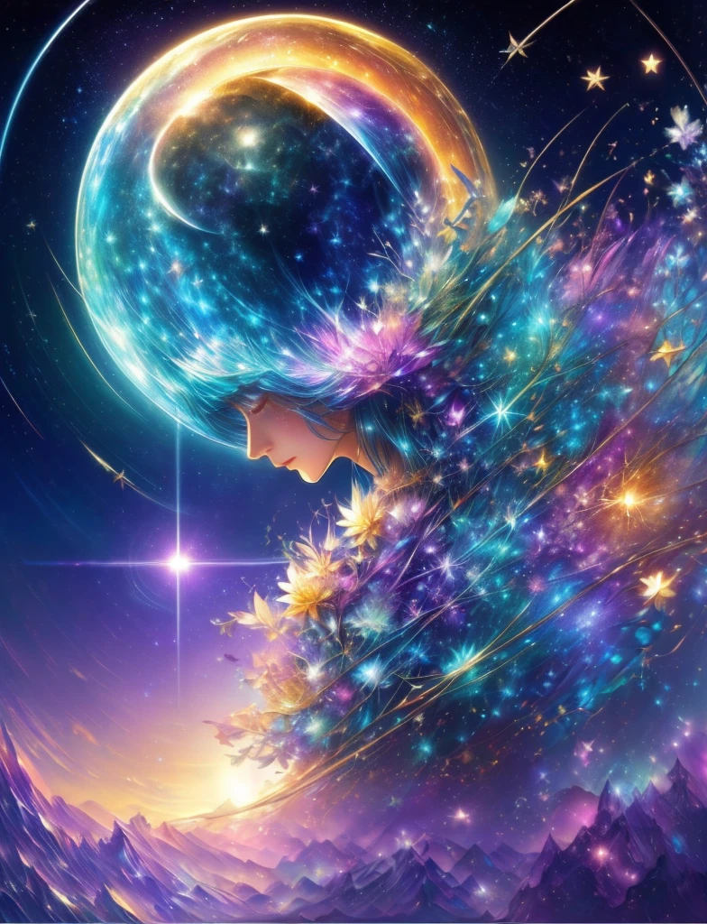 ((Supergiant pale yellow sun))((Subjective depiction of a profile looking up)、On a multicolored background、Iridescent空に星と月が描かれた川の絵、Shining skyscrapers、Shine overall、Concept art inspired by Tosa Mitsuoki、pixiv contest winners、Highest quality、Fantasy art、Beautiful anime scene、Bright Moon、moonlight star environment、Dream painting、Anime Background Art、Fantasy Landscape Painting、Fantasy Knight、Anime Background、Background artwork、wonderful芸術、Atmospheric anime、Starry Sky、Detail enhancement、, Vibrant colors, Rainbow and sunshine shining.16K, Ultra-high resolution, Iridescent、to be born,wonderful ,future、Iridescent、The world 30 years from now。