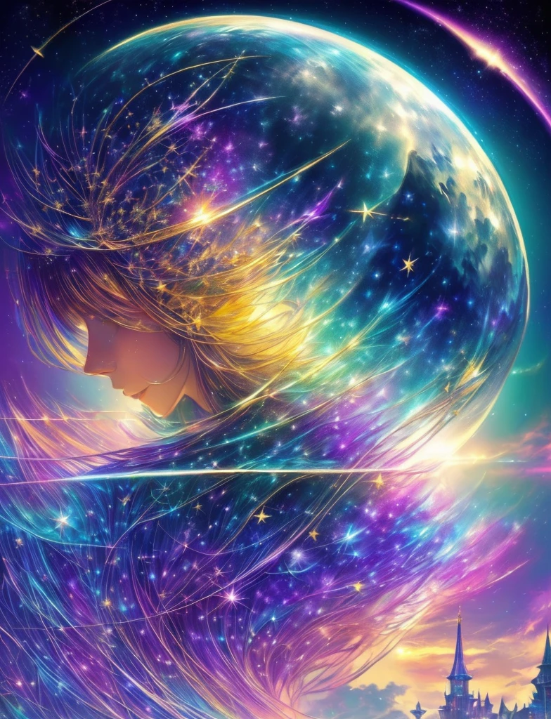 ((Supergiant pale yellow sun))((Subjective depiction of a profile looking up)、On a multicolored background、Iridescent空に星と月が描かれた川の絵、Shining skyscrapers、Shine overall、Concept art inspired by Tosa Mitsuoki、pixiv contest winners、Highest quality、Fantasy art、Beautiful anime scene、Bright Moon、moonlight star environment、Dream painting、Anime Background Art、Fantasy Landscape Painting、Fantasy Knight、Anime Background、Background artwork、wonderful芸術、Atmospheric anime、Starry Sky、Detail enhancement、, Vibrant colors, Rainbow and sunshine shining.16K, Ultra-high resolution, Iridescent、to be born,wonderful ,future、Iridescent、The world 30 years from now。