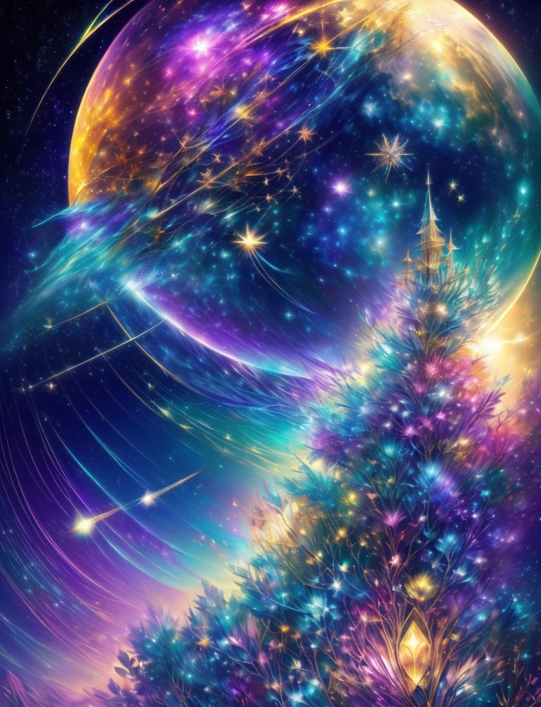 ((Supergiant pale yellow sun))((Subjective depiction of a profile looking up)、On a multicolored background、Iridescent空に星と月が描かれた川の絵、Shining skyscrapers、Shine overall、Concept art inspired by Tosa Mitsuoki、pixiv contest winners、Highest quality、Fantasy art、Beautiful anime scene、Bright Moon、moonlight star environment、Dream painting、Anime Background Art、Fantasy Landscape Painting、Fantasy Knight、Anime Background、Background artwork、wonderful芸術、Atmospheric anime、Starry Sky、Detail enhancement、, Vibrant colors, Rainbow and sunshine shining.16K, Ultra-high resolution, Iridescent、to be born,wonderful ,future、Iridescent、The world 30 years from now。