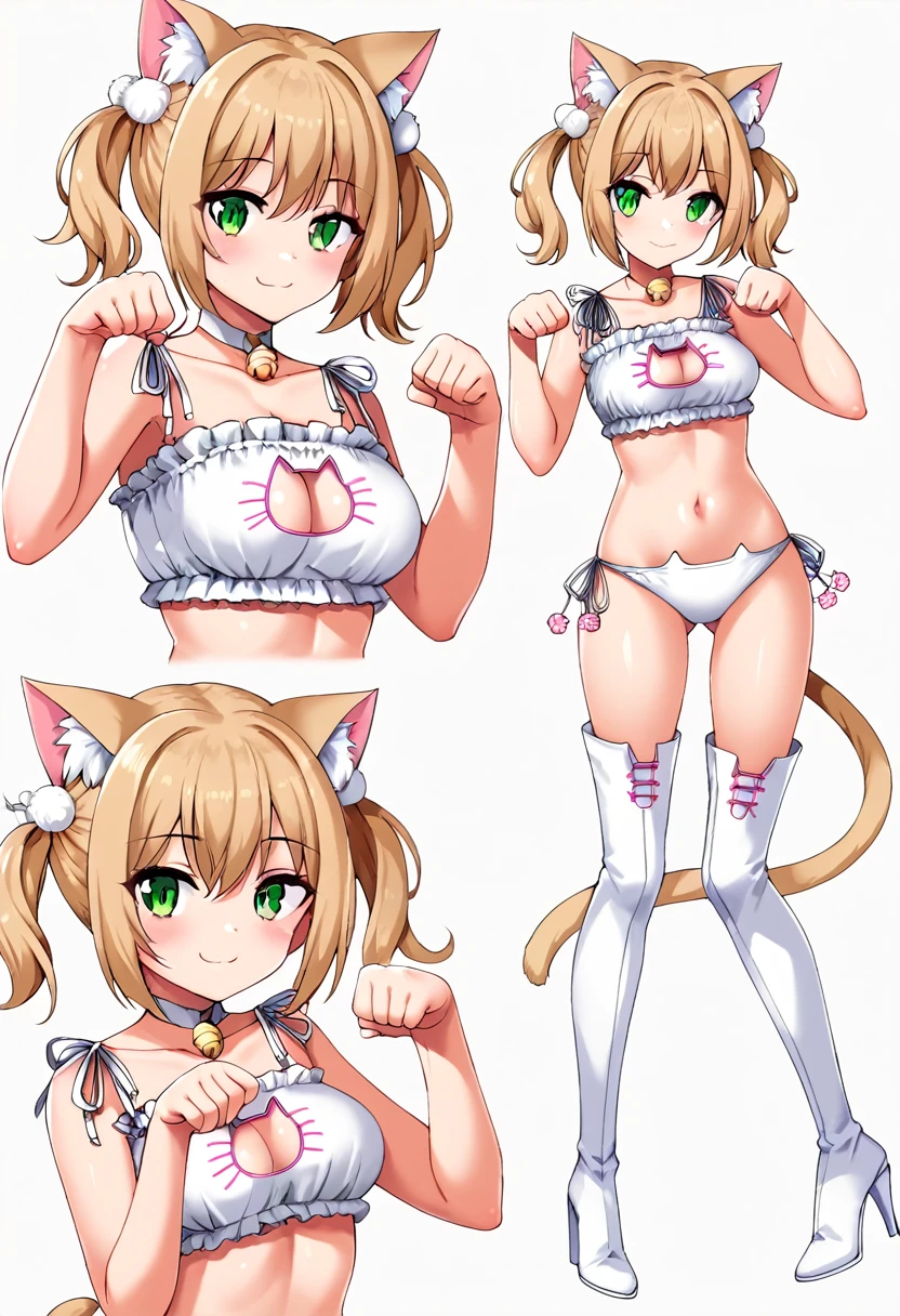 1girl, breasts, looking at viewer, blush, smile, short hair, bangs, blonde hair, simple background, hair ornament, thighhighs, white background, animal ears, cleavage, medium breasts, closed mouth, underwear, green eyes, standing, tail, full body, braid, boots, frills, cat ears, bra, high heels, cat tail, animal ear fluff, bare arms, clothing cutout, multiple views, thigh boots, cleavage cutout, white footwear, underwear only, light brown hair, knee boots, cat girl, short twintails, pom pom (clothes), high heel boots, white bra, paw pose, meme attire, frilled bra, cat cutout, cat lingerie, pom pom hair ornament