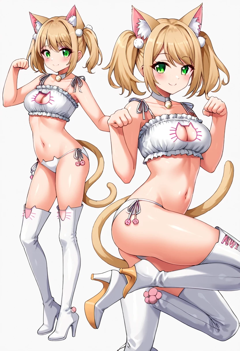 1girl, breasts, looking at viewer, blush, smile, short hair, bangs, blonde hair, simple background, hair ornament, thighhighs, white background, animal ears, cleavage, medium breasts, closed mouth, underwear, green eyes, standing, tail, full body, braid, boots, frills, cat ears, bra, high heels, cat tail, animal ear fluff, bare arms, clothing cutout, multiple views, thigh boots, cleavage cutout, white footwear, underwear only, light brown hair, knee boots, cat girl, short twintails, pom pom (clothes), high heel boots, white bra, paw pose, meme attire, frilled bra, cat cutout, cat lingerie, pom pom hair ornament