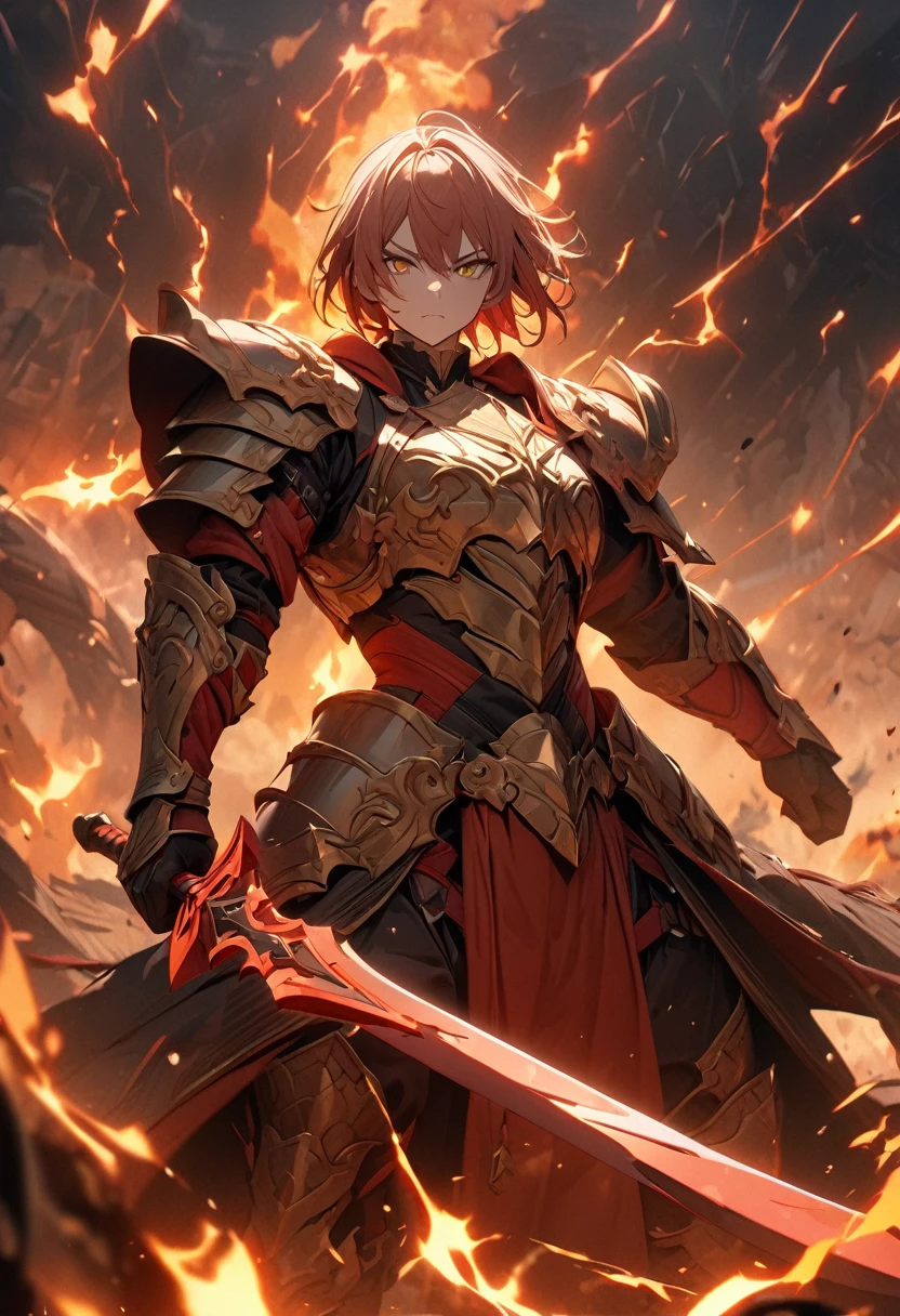 masterpiece, 8k, best quality, highly detailed, a warrior wearing simple armor wielding a two handed sword made of yellow & red steel with fire & lightning surrounding it