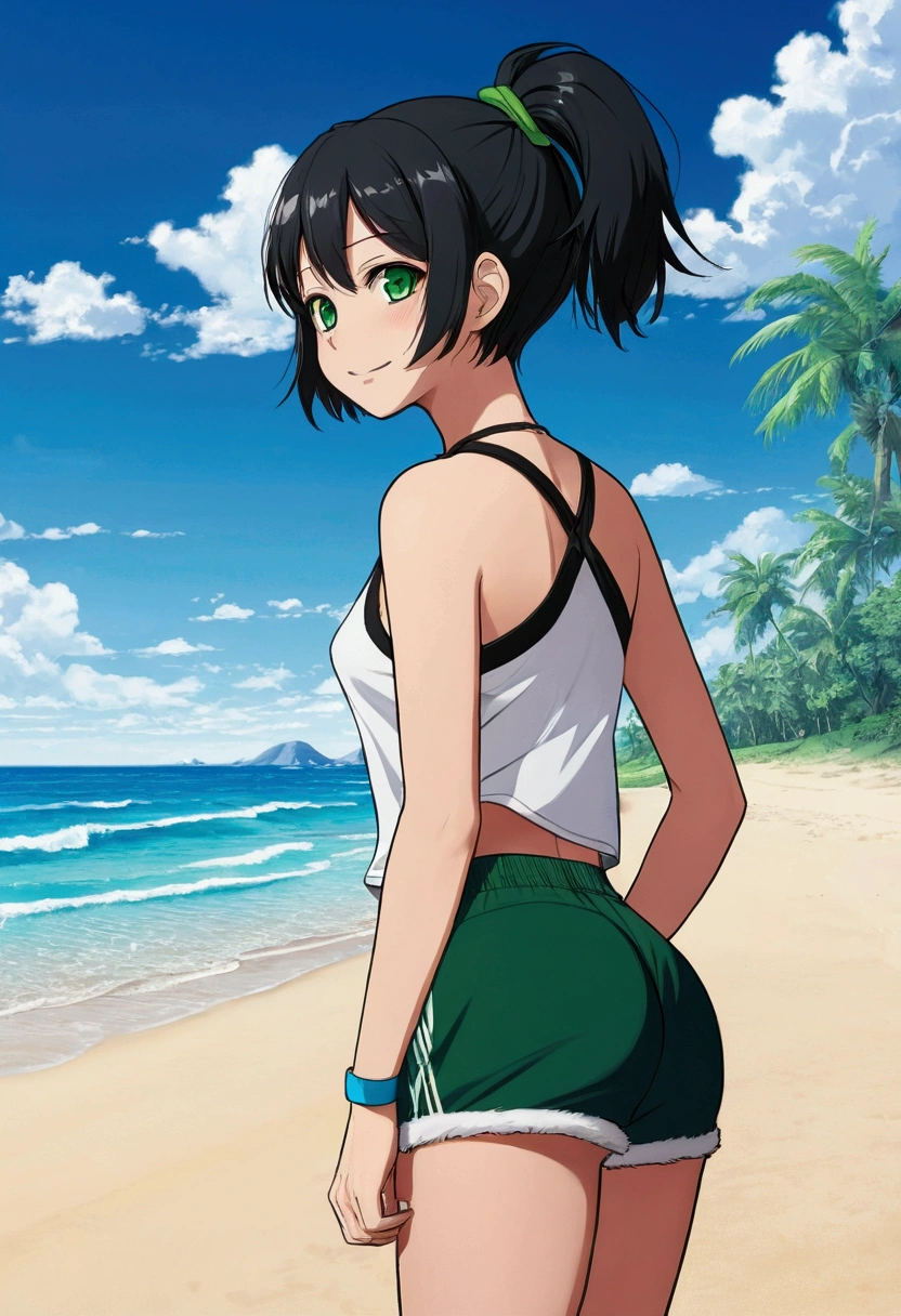 anime coloring pages, playa, blue skies, nature, 1 girl, Alone, black fur, hair band, (short hair, hair between the eyelids: 1,2), green eyes, очень tall, tall, sports top, neckline, (Short shorts, black shorts), standing, (back, behind, shows the: 1.3) , SMILE, Wide hips, elastic ass