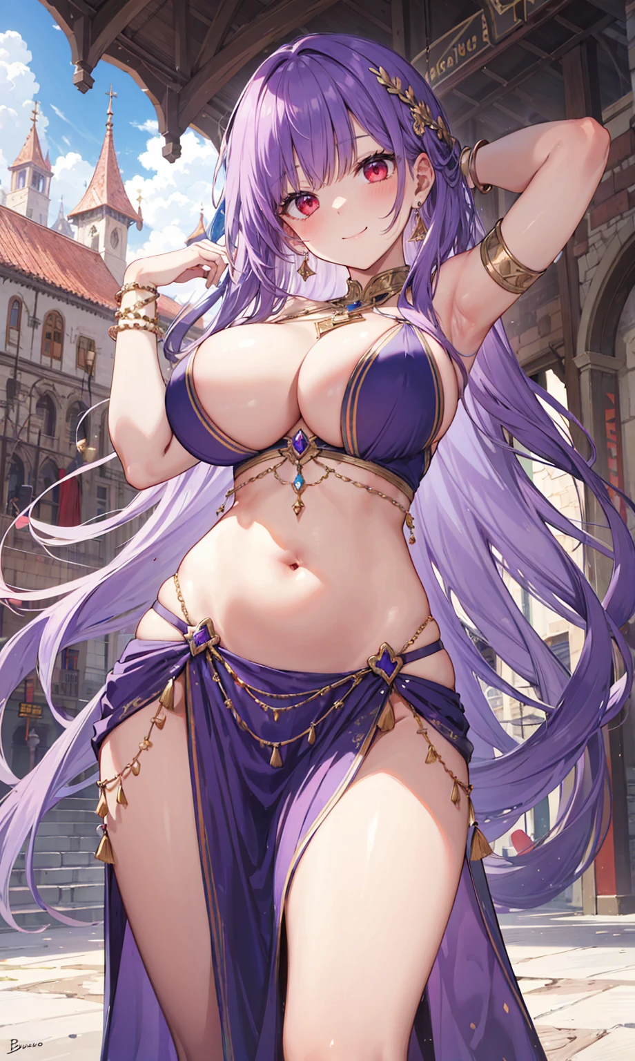 high quality, ultra detailed, best quality, insanely detailed, beautiful, masterpiece, 1girl, medieval plaza, cowboy shot, red eyes, long hair, purple hair, belly dancer, circlet, earrings, armlets, bracelets, bashful smile, large breasts, cleavage, soft stomach