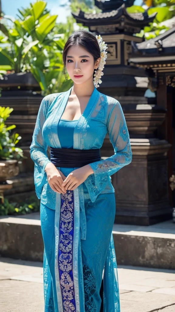 masterpiece, korean woman ,ultra realistic,32k,intricate details, sharp focus, realistic, closed, seductive pose, black eyes, jewelr, lips, realistic, looking_at_viewer, wet skin, shiny skin, SHORT SLEVES, indonesian clothes, bali, balinese, cityscape, transparent standing pose,((blue kebaya)),full body,busty body,curvy body,long hair,beauty face,cowboy shot,