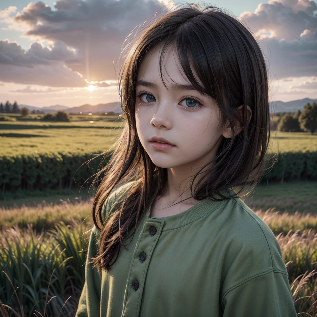 1 creative digital art semi realistic ??? in field,hyperrealistic,highly detailed,8k,4k,cinematic lighting,vivid colors,dramatic composition,intricate details,beautiful dramatic sky,detailed facial features,detailed clothing,lush green grass,golden hour lighting,volumetric lighting,depth of field,photorealistic,photorealistic render,beautiful natural scenery,serene peaceful atmosphere,vibrant colors,masterpiece,award winning