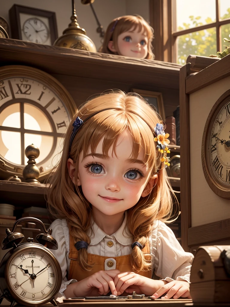 The best picture quality, detailed eyes, long eyelashes, a room with so many clocks of various shapes and sizes that they fill the walls and shelves, a very cute little five-year-old girl at a desk repairing a precision clock, chestnut hair, surprisingly very large and sparkling eyes, a friendly, bright, cute and happy smile, orange summer flowers blooming outside the window,
