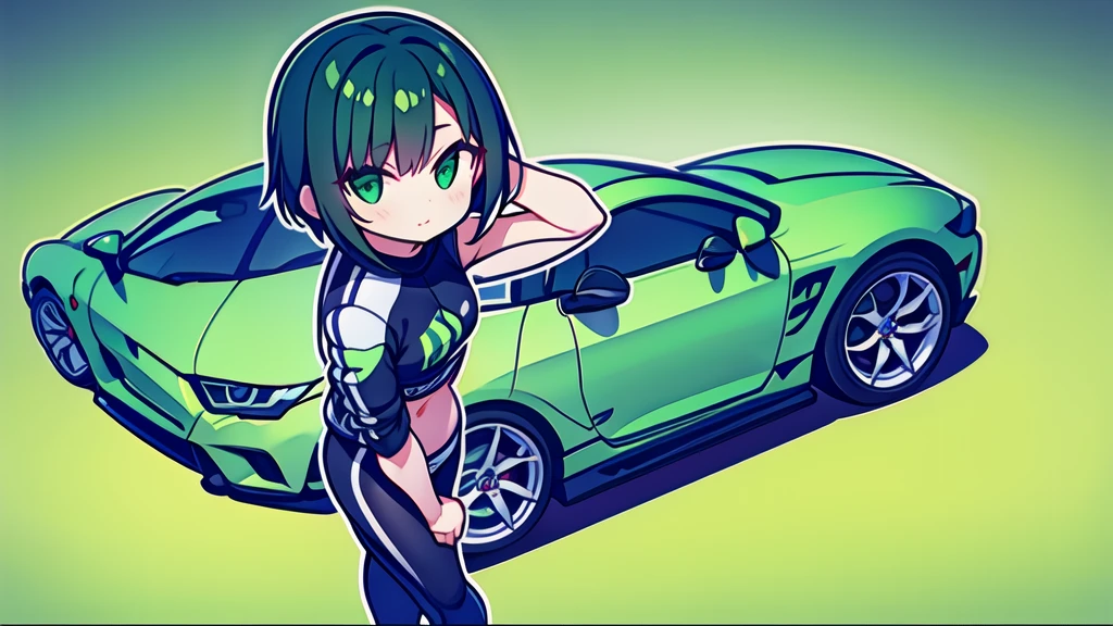 Logo of a girl with short black and green hair from a car customization company called Infortunio, wearing racing clothes and giving a thumbs up, alone and solitary.