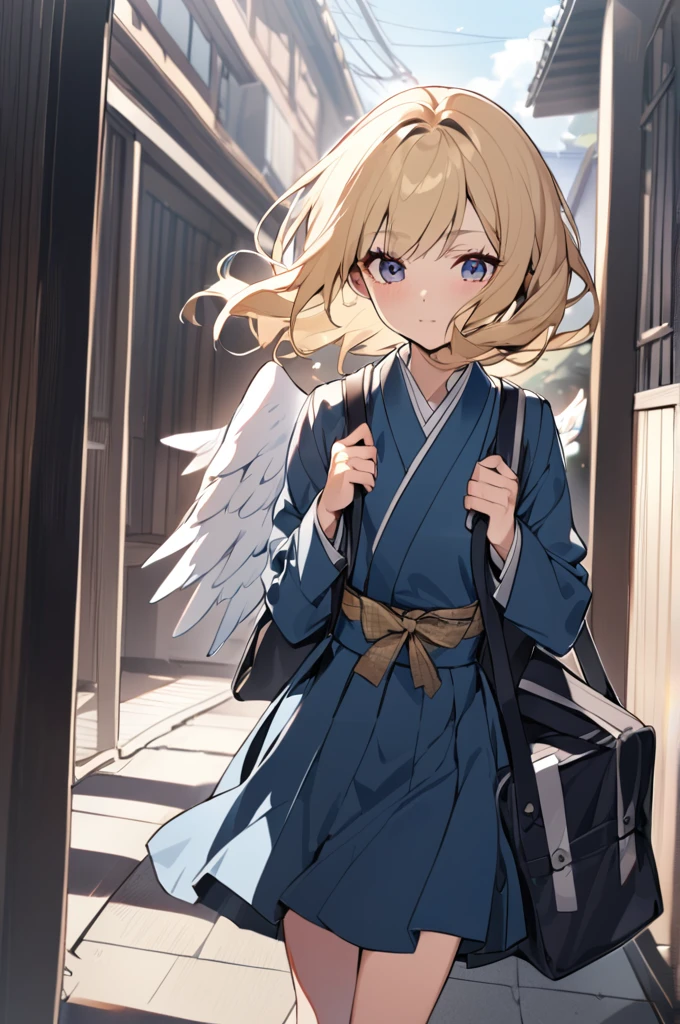 Angel girl , Small breasts, Long blonde hair ,White middle wings,Dressed in a Japanese , holding a Japanese school bag, walking to a high school 