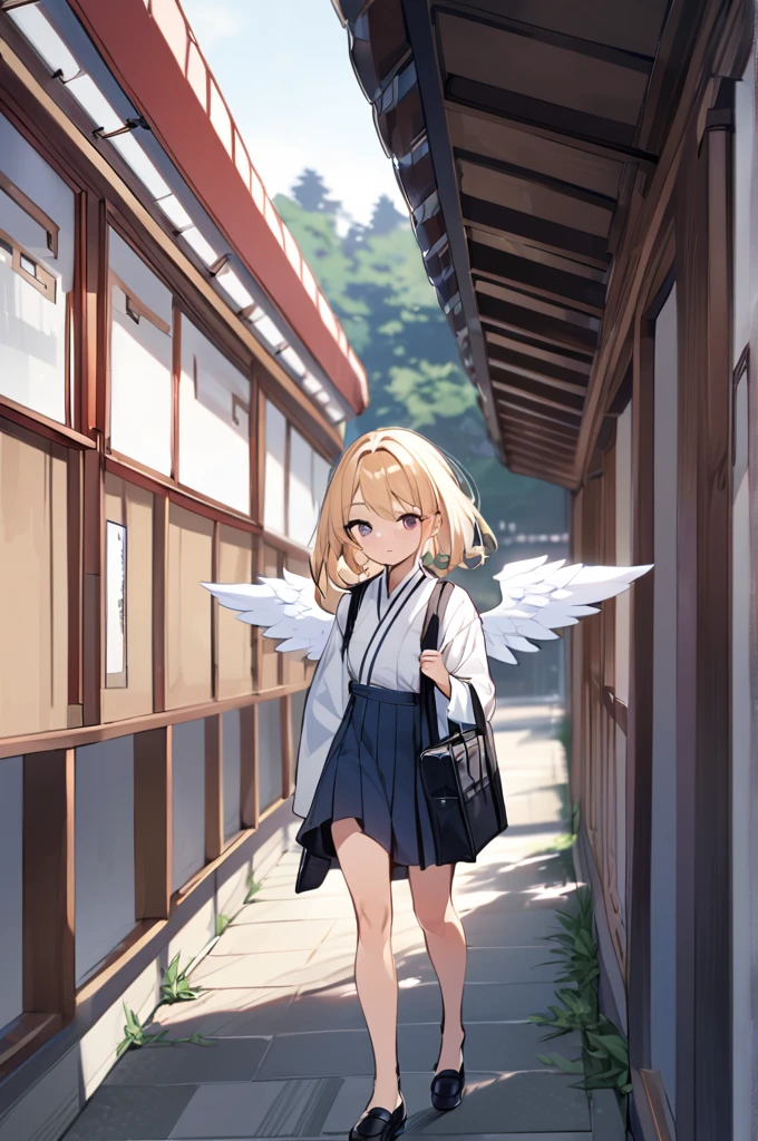 Angel girl , Small breasts, Long blonde hair ,White middle wings,Dressed in a Japanese , holding a Japanese school bag, walking to a high school