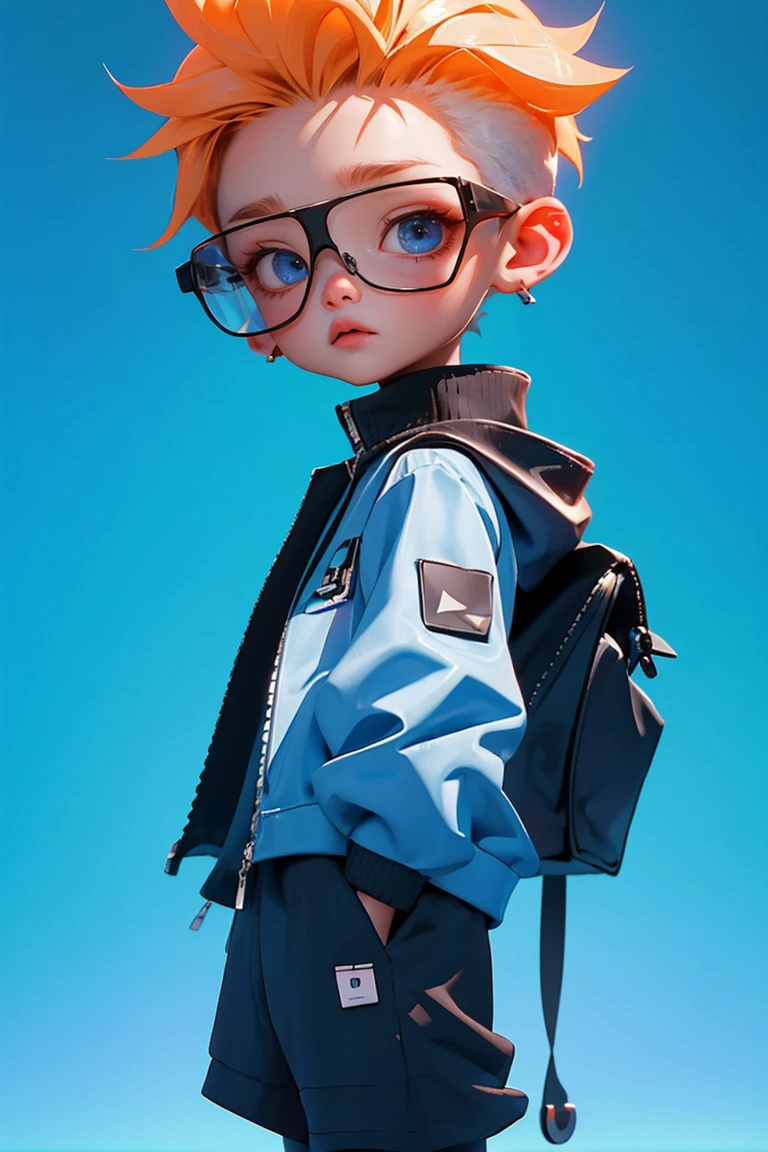 Blind Box,Simple Background,Extraordinary wide portrait of microscopic unknown little small 愛らしい cyberpunk alien species over orange tech style of high tech fashion professional photography, 8K, White blonde buzz cut,Boy wearing transparent glasses,Full black clothes