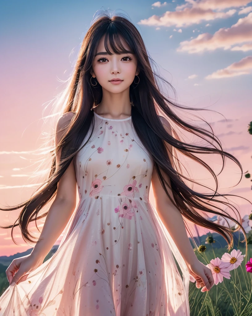 (Highest quality), (32k), (High resolution:1.5), (Masterpiece:1.5), marimo_jet, ((Face Focus:1.3)), Beautiful face in every detail, god々A photograph with brilliant dazzling and healing power., Evoking a sense of calm and elusive beauty, Expressing emotions, Have a rich imagination, A flower field that stretches to the horizon, Nostalgic scenery of youth, Beautiful Japanese Girls, An exceptionally beautiful face, Small Face Beauty, Perfect Human Anatomy, Magical big eyes, Motherhood and generosity, Deep Love, fleeting smile, Shiny black hair, Beautiful long hair swaying in the wind, Asymmetrical bangs, Hair between the eyes, Transparent, soft white skin, Sharp eyebrows, Thin lashes, Natural Makeup, Cheek highlighter, Pale pink detailed lips, (Floral dress:1.4), ((Cosmos fields stretching to the horizon:1.3)), ((Pink Sky:1.3)), Beautifully detailed skies, ((Shining in the morning sunlight)), Professional photographer, Professional Lighting, Professional models, god秘的