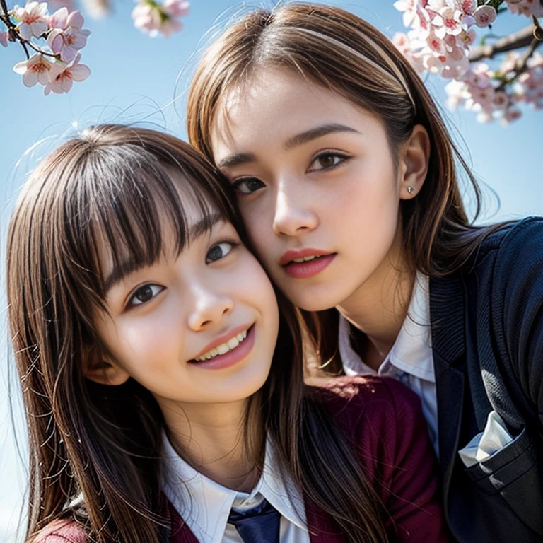 Best_Quality, HDR, masterpiece, Hi-Res, (realistic and photorealistic with touch of rawness:1.37), (group photo:1.6), ((SchoolGirls Surrounding the camera in Upward composition)), Panoramic, (Filled with many Faces), (NOGIZAKA face variations:1.4), { Looking down at the camera | (Kissing face to face) }, (((close:1.2, Face closeup from below:1.4))), (((Sky background)) with CherryBlossoms) . BREAK  Extremely Detailed KAWAII face variations, captivating gaze, elaborate detailed Eyes with (sparkling highlights:1.32), long eyelashes、Glossy RED Lips with beautiful details, Coquettish tongue, Rosy cheeks, Radiant Pearl skin . { (Dynamic joyful expressions) | (:D) | (Kissing) }, Childish, SchoolUniform, different types of hair colors and styles, { Slipped back hair | Bangs | Hime cut  | OKAPPA | White Silver hair | Blonde hair | Dark hair } (Exposed:0.4)