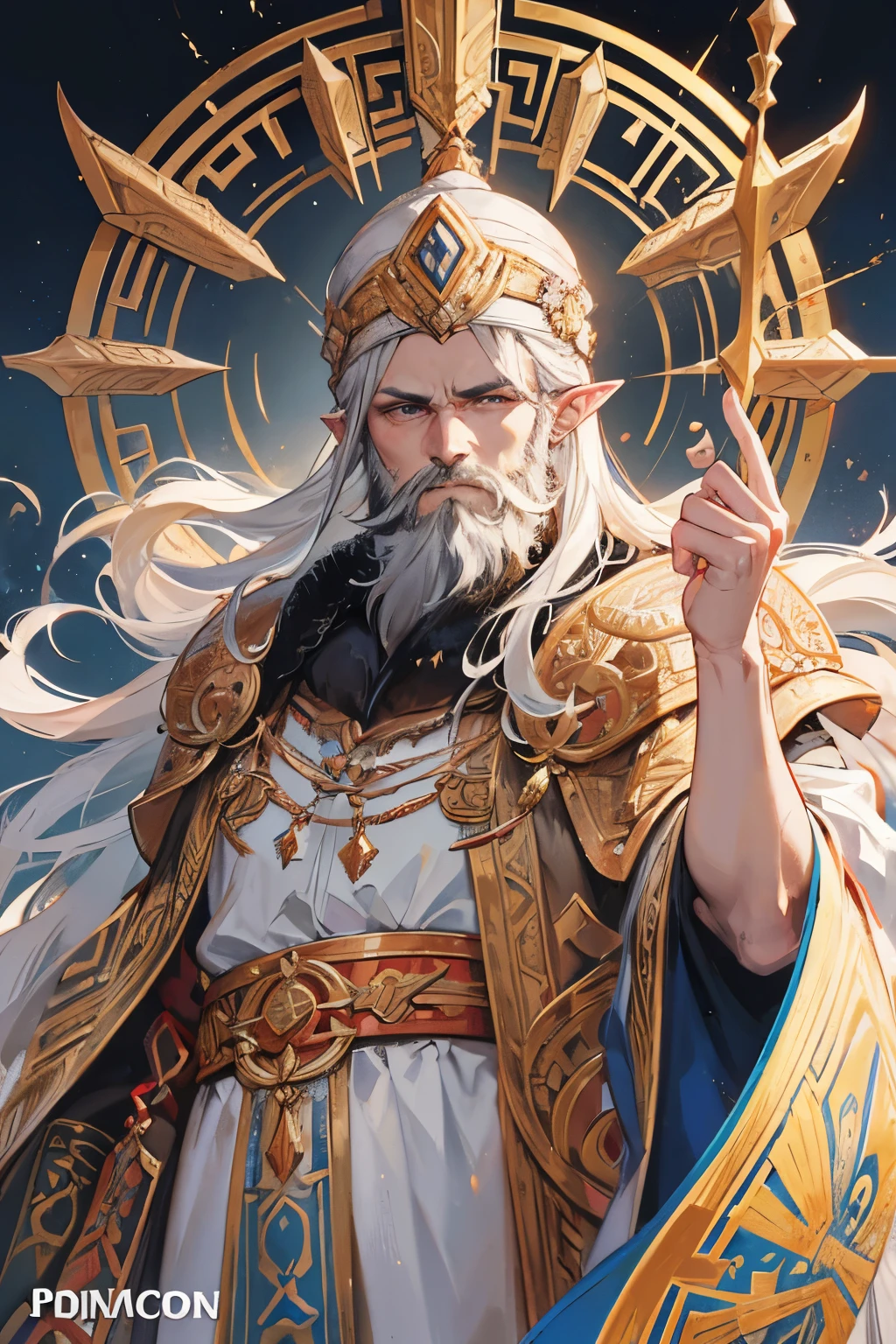 Perun, Slavic god of thunder and lightning, stern look, thunder god, Slavic mythology, patron of the prince and squad, supreme god of the Slavic pantheon, Slavic mythology, Pointy ears, Russian deity, Slavic clothes, Slavic attributes, Slavic patterns on clothes, Slavic ornament, Old Russian clothes Old Russian patterns on clothes, Old Russian ornament, thick beard, (illustration, masterpiece, highly detailed, best qualtiy,cinematic lighting, detailed background, A high resolution)