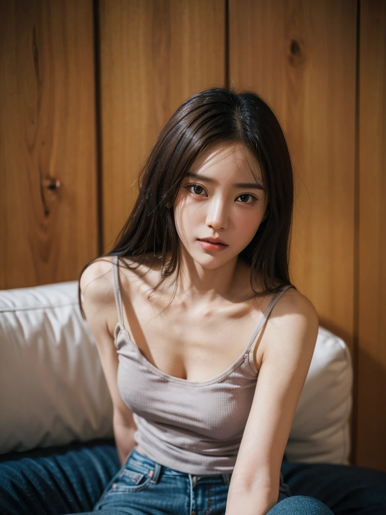 Realistic, Realistic details, detailed, One girl, thin, beautiful, Dynamic pose, detailed skin complexion, Casual clothing, Tight jeans, Yoga Tank Top, T-Shirts, thin太もも, Thigh Gap, Portraiture, Depth of written boundary, Blurred Background, Sharp focus, F1.8/35mm, perspective, Light and shadow contrast, The rule of thirds, Depth and Dimension,